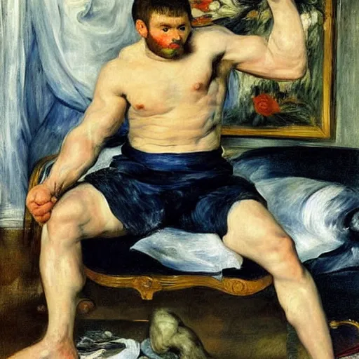 Image similar to russian young muscular athlete man posing in his living room, 1987, Peter Paul Rubens, manet, renoir