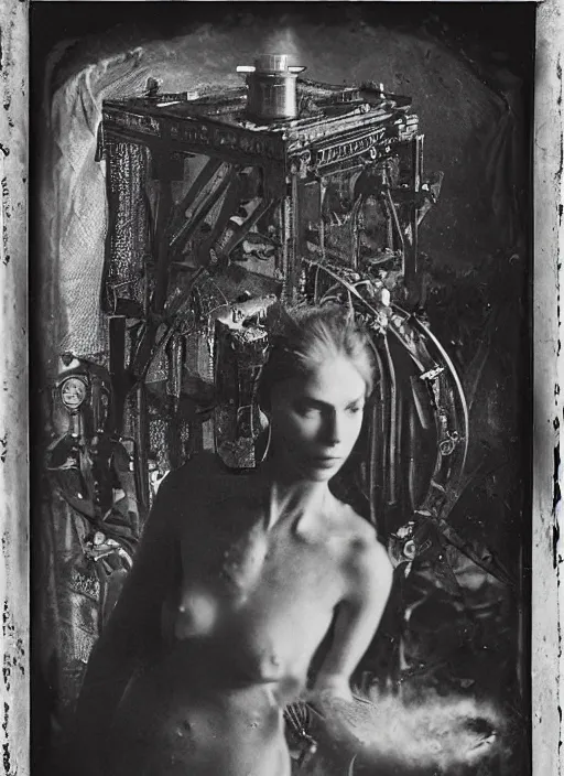 Prompt: old wetplate daguerreotype invention of the time, explosion of data fragments, fractal, intricate, elegant, highly detailed, parallax, leica, medium format, subsurface scattering, by paul delvaux