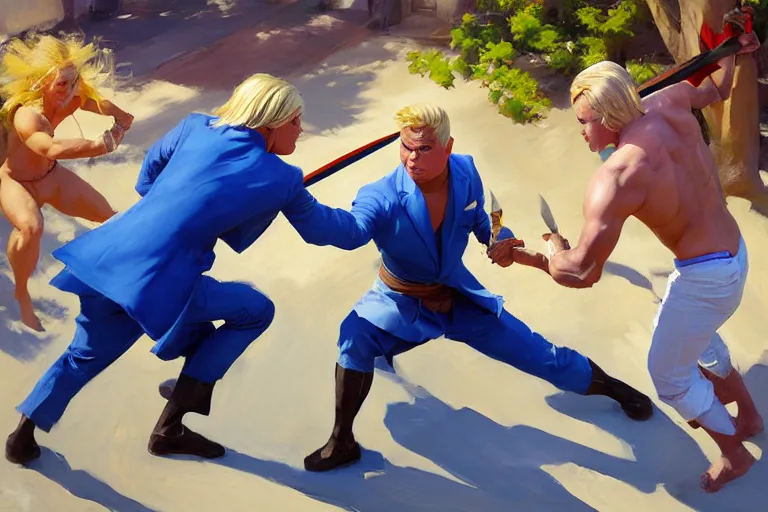 Prompt: greg manchess painting of a sword fight between a filipino wrestler and a blond man in a blue suit, organic painting, sunny day, matte painting, bold shapes, hard edges, street art, trending on artstation, by huang guangjian, gil elvgren, ruan jia, randy vargas, greg rutkowski