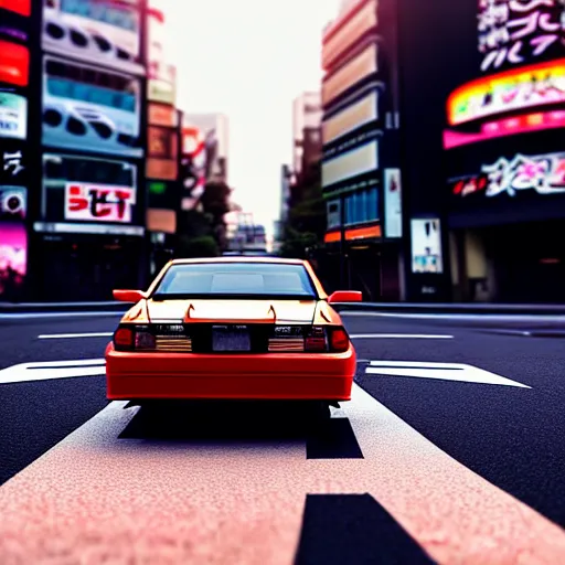 Image similar to a car drifting JZX100 in middle of road, shibuya prefecture, city sunset, cinematic color, photorealistic, highly detailed, bokeh, octane render