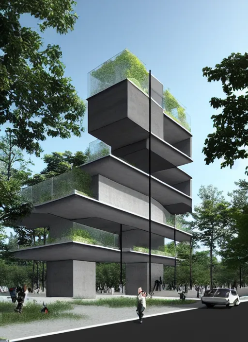 Prompt: architectural rendering, brutalism building like habitat 6 7, using modern material like steel + concrete + glass, biophilia