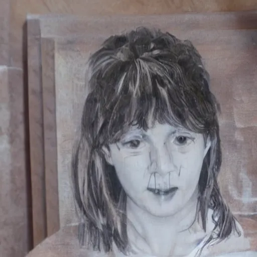 Prompt: a little girl's face on a piece of wood, dark hair, painted, extremely detailed