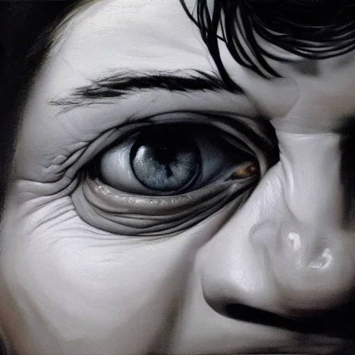 Image similar to high quality high detail painting by gottfried helnwein and lucian freud, hd, portrait of a dangerous psychopath, intense demonic look in the eyes, photorealistic lighting