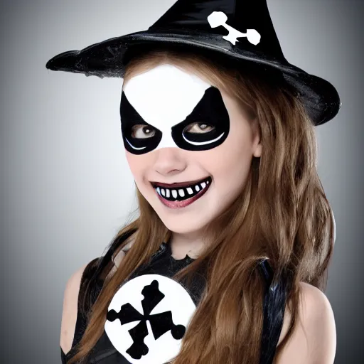 Image similar to photorealistic illustration girl smiling dressed in skull and crossbones halloween costume