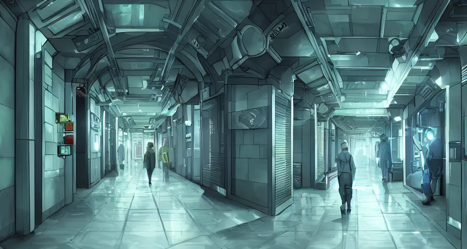 Image similar to Sci-fi wallpaper of a futuristic hospital corridor, close-up view, point-and-click adventure game, cinematic, concept art