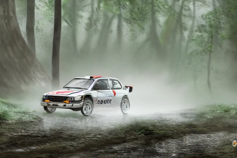 Prompt: a rally car splashing thru a mud puddle in a forest. Digital art, extremely detailed, artstation, motion blur, mist