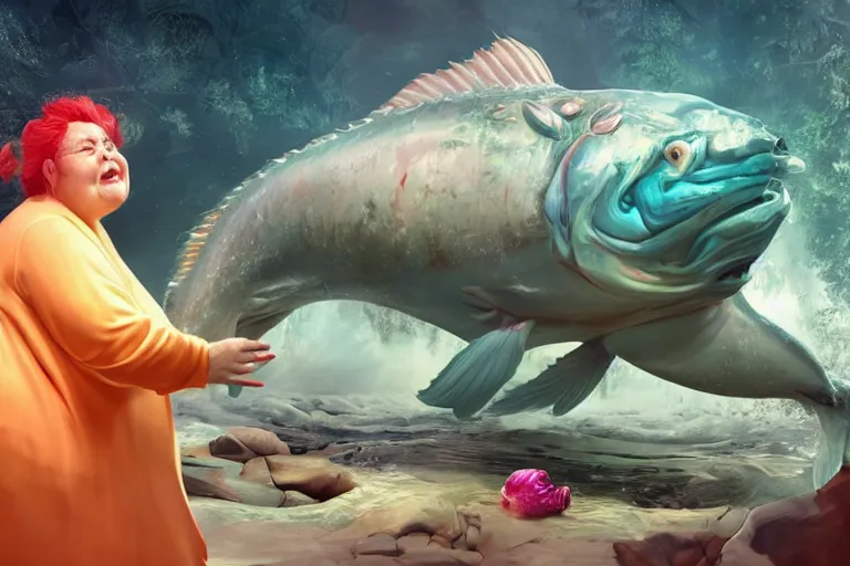 Image similar to of a very beautiful scene. ambient occlusion render. a sweet fat old woman is giving a birth to a huge colorful fish. hyper realistic. 4 k. wide angle. wild. symmetrical face, red mouth, blue eyes. deep focus, lovely scene. ambient occlusion render. concept art. unreal engine.