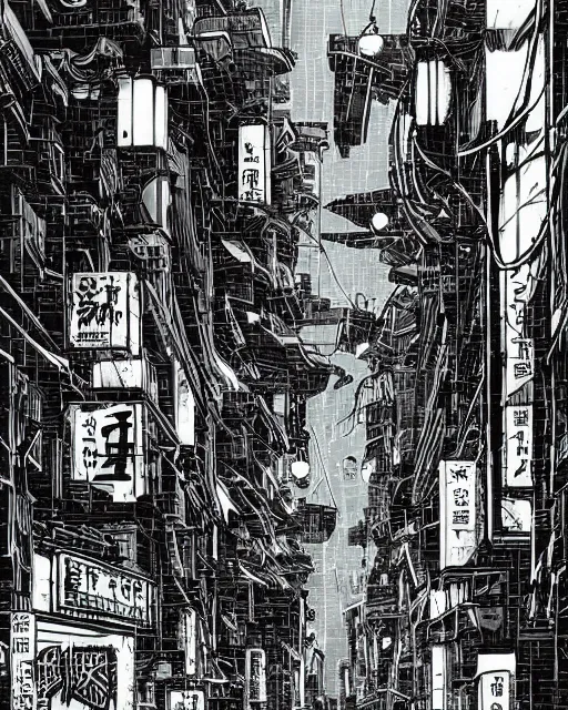 Prompt: manga illustration of poor cyberpunk city, rainy weather, highly detailed,