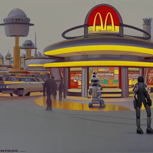 Image similar to intricately detailed ralph mcquarrie concept art of a futuristic mcdonalds with the golden arches displayed. a space station is seen off in the distance with various droids and people walking in the foreground. a trooper is seen holding a brown mcdonalds bag.