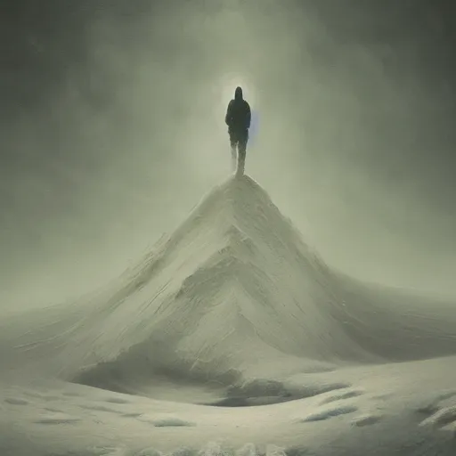 Image similar to a painting of a person standing in the snow, a surrealist painting by zdzisław beksinski and by alena aenami, deviantart, nuclear art, dystopian art, apocalypse landscape, surrealist