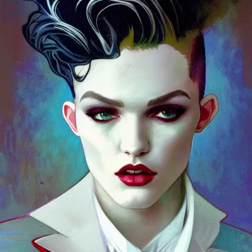 Image similar to beautiful portrait of androgynous ruby rose as desire from sandman in a white tuxedo!!!, rockabilly style,, by alphonse mucha, by jeremy mann, by peter lindbergh, dave mckean, by frank moth, by cedric peyravernay, white suit and black tie, soft lightning, high detailed, 8 k