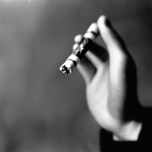 Prompt: Close-up of highly detailed hand holding cigarette with smoke, vintage photo,