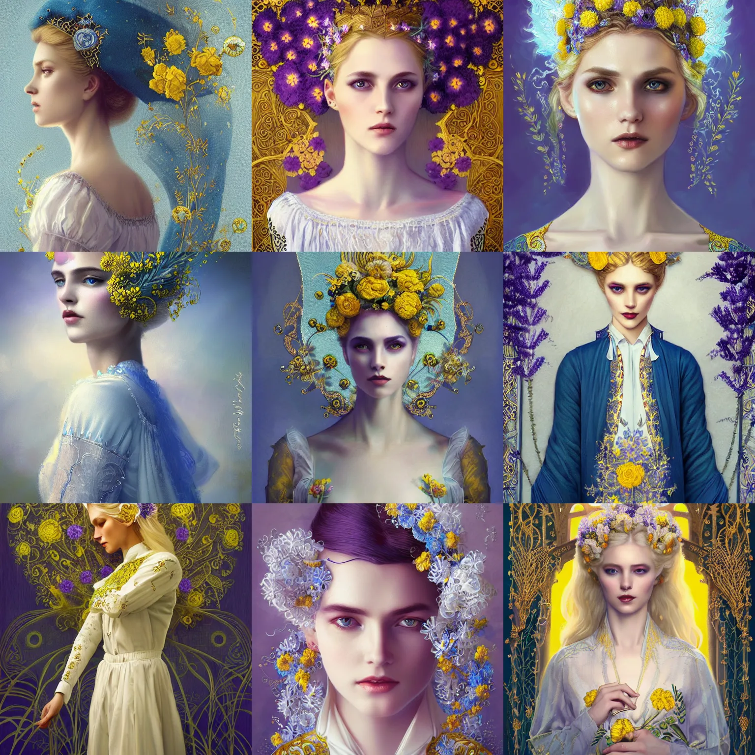 Prompt: blonde lady in white embroidered shirt, ukrainian national costume, filigree crown with blue and yellow textile flowers, wheat spikes and violets, intricate, elegant, digital painting, art nouveau, smooth, focus, rim light, charlie bowater, tom bagshaw, greg rutkowski