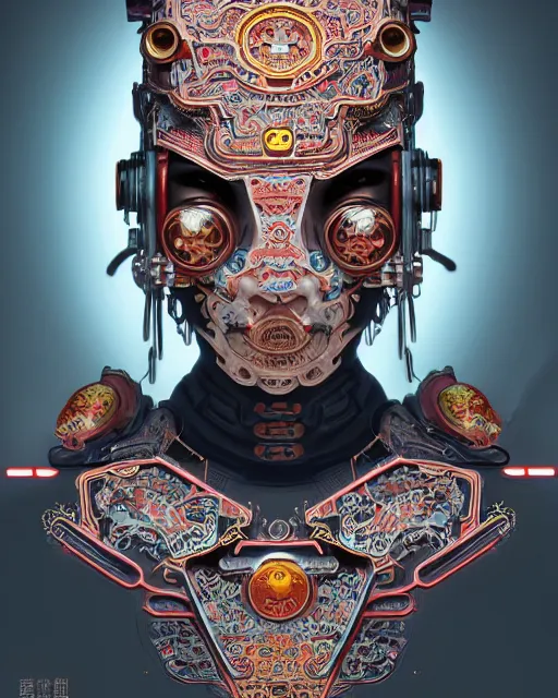 Image similar to portrait of a cyberpunk machine, machine face, upper half portrait, decorated with chinese opera motifs, asian, fine china, traditional chinese art, intricate, elegant, highly detailed, symmetry, headpiece, digital painting, artstation, concept art, smooth, sharp focus, illustration, art by artgerm and greg rutkowski and alphonse mucha, 8 k