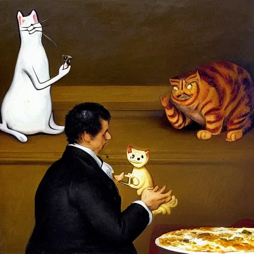 Prompt: garfield the cat devouring a steaming hot lasagna while dilbert looks on in horror, oil painting by francisco goya