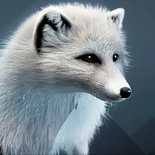 Image similar to screenshot depicting an anthropomorphic arctic fox wearing armor dressed as a character in Final Fantasy, octane render