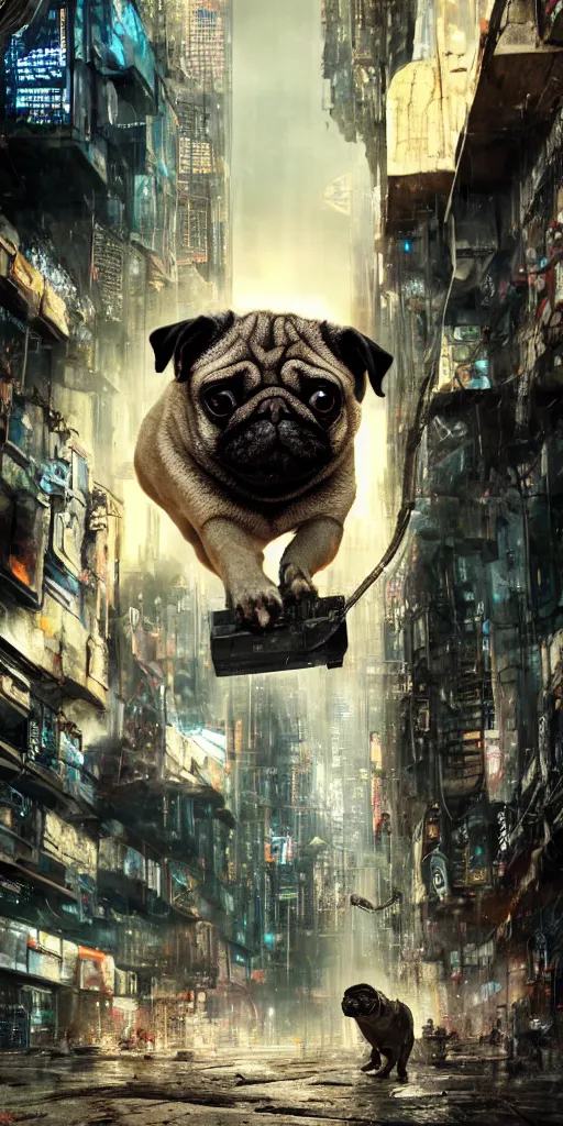 Image similar to an ancient pug destroying a dystopian city, cyberpunk, sharp focus, dynamic lights, still, photograph, hyper realistic, masterpiece, octane render, rendered, 3 d, cinematic, cinematic lighting, dramatic lighting, highly detailed, intricate details, texture, cinematic composition, wide shot, by donglu yu and kevin jick and eddie del rio