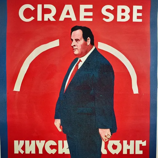 Prompt: chris christie. soviet propoaganda poster. soviet realism. monochromatic red. cheap printing, fading ink, torn edges