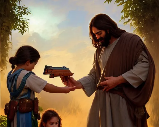 Prompt: photography of jesus christ teaching a child how to use a ak 4 7, d & d, fantasy, intricate, elegant, highly detailed, digital painting, artstation, concept art, matte, sharp focus, illustration, hearthstone, art by artgerm and greg rutkowski and alphonse mucha