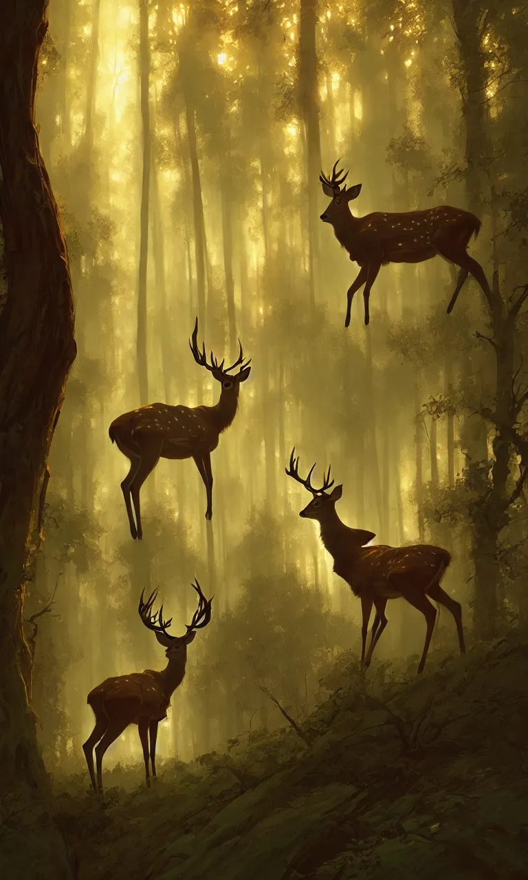 Image similar to Deer in Sherwood Forest, full frame, highly detailed, digital painting, artstation, concept art, smooth, sharp focus, illustration, art greg rutkowski and alphonse mucha