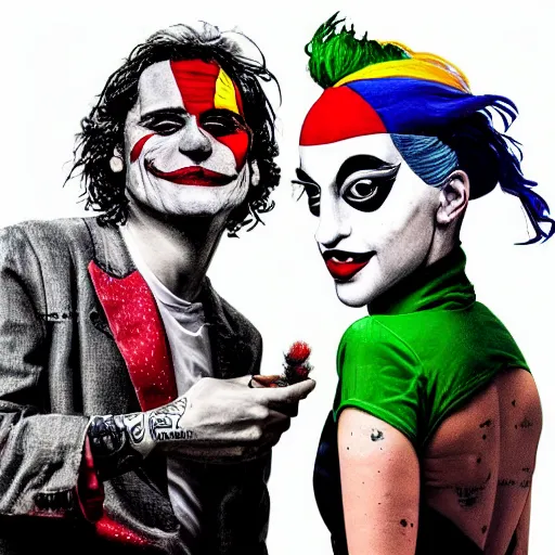 Prompt: mimmo rottela and banksy as joaquin phoenix skinny joker holding hand lady gaga harley queen, ultra photorealistic, extreme realistic, intricate details, pop art style, concept art, confident, love, random object movement, 3 colours, warm color, 4 k, ultra smooth, sharp focus