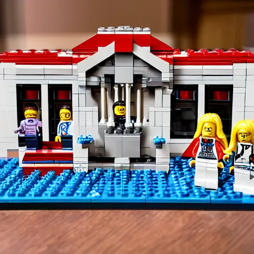 Image similar to Box art for a LEGO set of a high profile court case