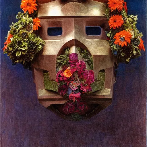 Image similar to a robot wearing a mask made of flowers, by annie swynnerton and diego rivera and nicholas roerich and jean delville, symbolist, dramatic lighting, elaborate geometric ornament, art brut, soft cool colors, smooth, sharp focus, extremely detailed, adolf wolfli and donato giancola and dan munford
