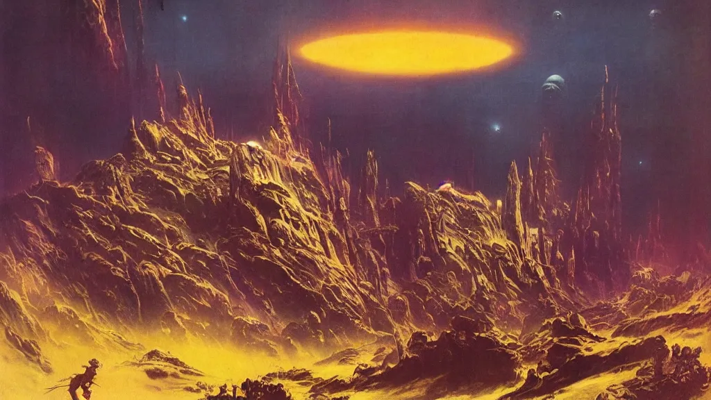 Image similar to eerie alien planet empire by frank frazetta and bruce pennington, cinematic matte painting