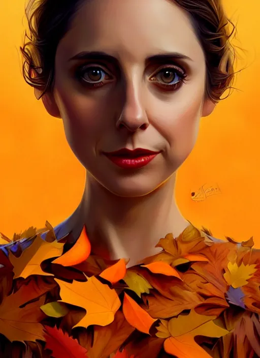 Prompt: full body gorgeous young Alison Brie, realistic character concept, full body pose, autumn leaves, orange yellow, shorter neck, illustration, symmetrical face and body, cinematic lighting, detailed realistic symmetrical eyes, artgerm, Joshua Middleton, single face, insanely detailed and intricate, beautiful