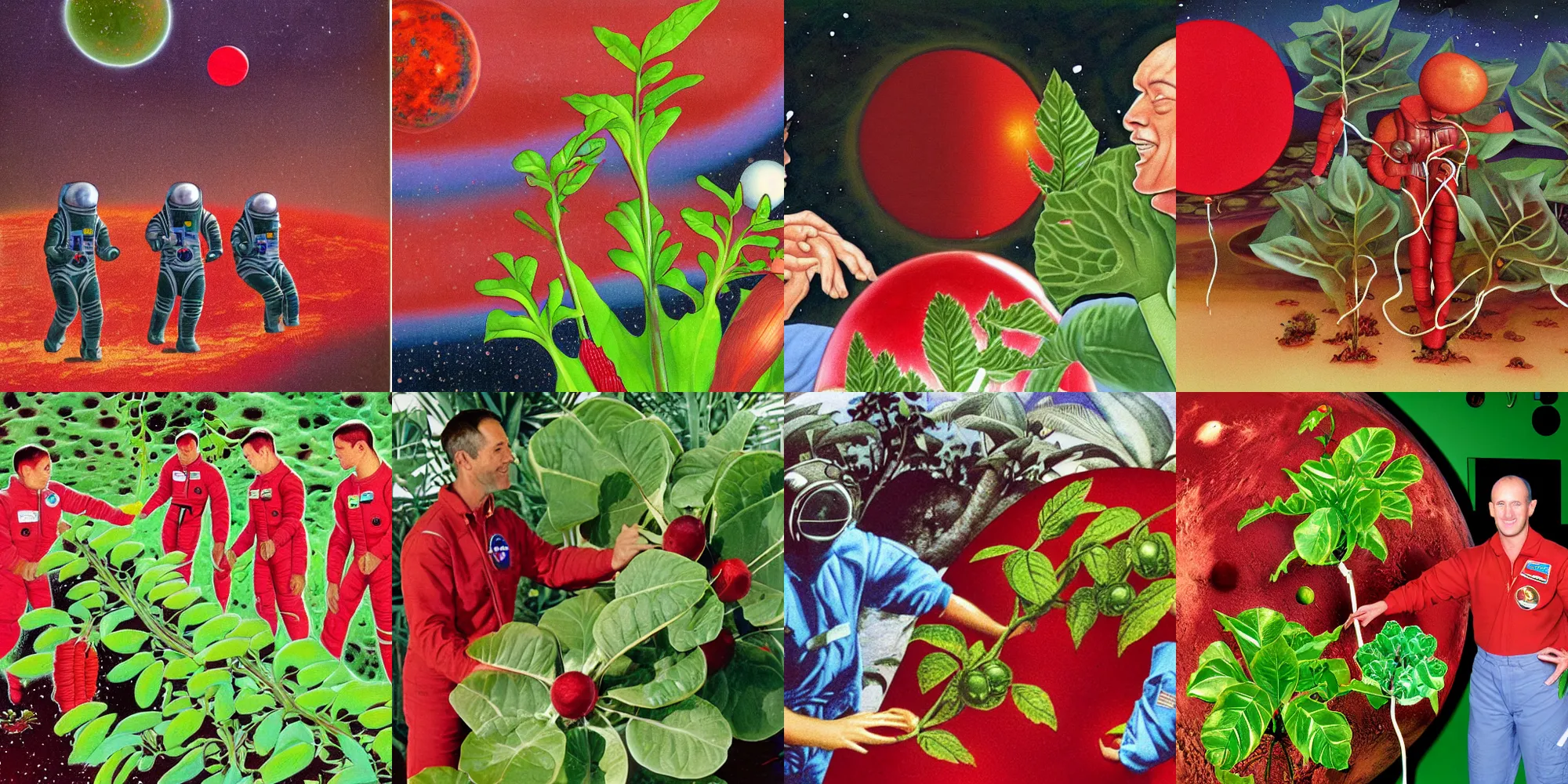 Prompt: astronauts examining plants with overlapping fruits on red exoplanet surface, don lawrence storm trigan