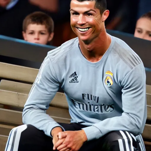 Image similar to cristiano ronaldo smiling sitting on the bench and waving his hand