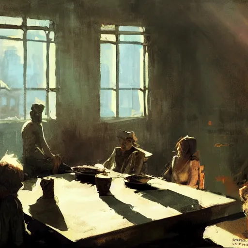 Prompt: the illumatis all sitting at a table, serious, eerie, a single sunbeam coming from the roof, dust illuminated by the sunbeam, serious, lush, vintage decor, craig mullins
