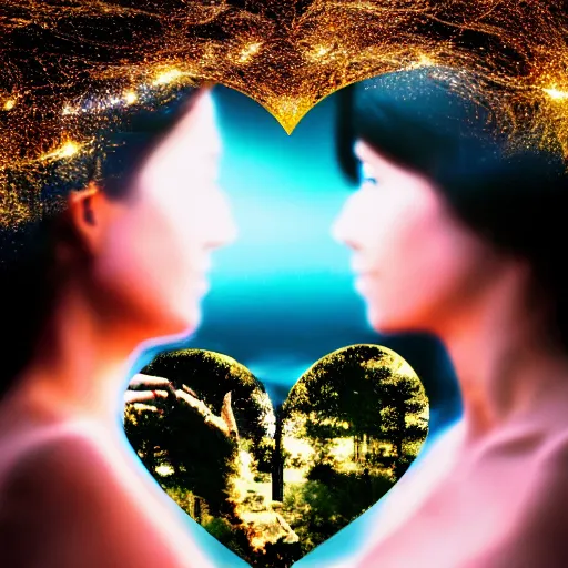 Image similar to double exposure of love, love is the most relevant theme, love is infinity, love os begin of all, 8 k resolution, artistic mode, artistic