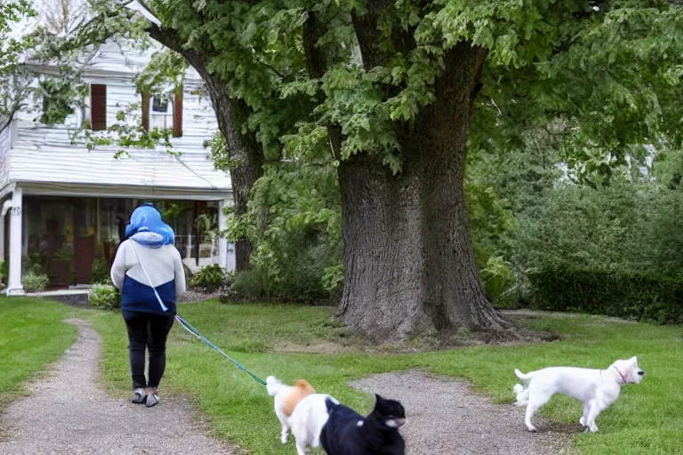 Prompt: the sour, dour, angry lady is walking her three tiny white dogs on leashes outside her green house. the old lady, glaring at the camera, exudes unpleasantness. the old lady shuffles around, looking down. she has gray hair. she is wearing a long gray cardigan and dark pants. large norway maple tree in foreground.