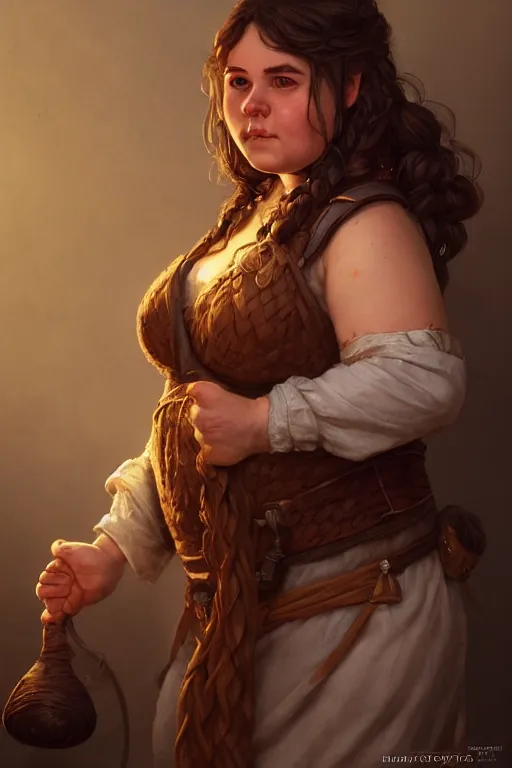 Prompt: Portrait | chubby plump female dwarven cook| kitchen | complex adorned braided hair | style by greg rutkowski, larry elmore, giotto dramatic light | high detail | cinematic lighting | artstation |shorty broad fat woman| happy hearty expression | dungeons and dragons |