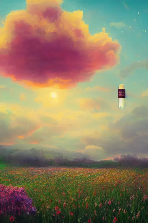 Image similar to giant perfume bottle in flower field, surreal photography, sunrise, dramatic light, impressionist painting, colorful clouds, digital painting, artstation, simon stalenhag