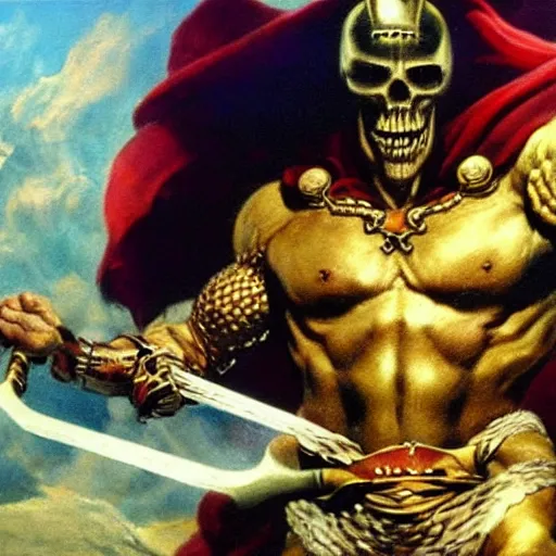 Prompt: ultra realistic portrait painting of skeletor as thor, art by frank frazetta, 4 k, ultra realistic, highly detailed, epic lighting