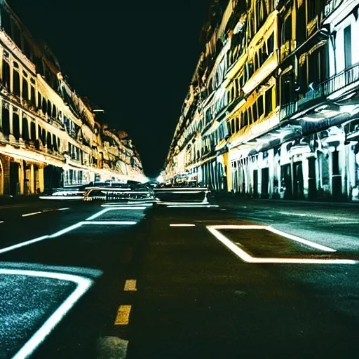 Image similar to long exposure of the cars in genoa at night. genova. street. night. neon lines. cars. nostalgic.