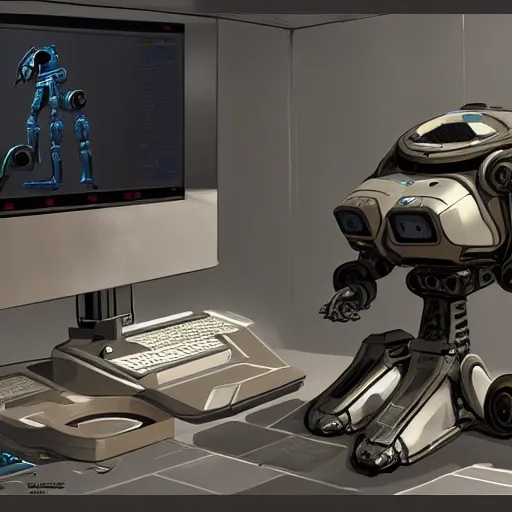 Image similar to scifi hard surface robot getting programmed with computer by eddie mendoza,