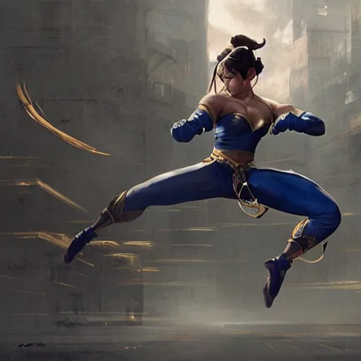 Prompt: chun - li doing a high kick, matte painting by greg rutkowski