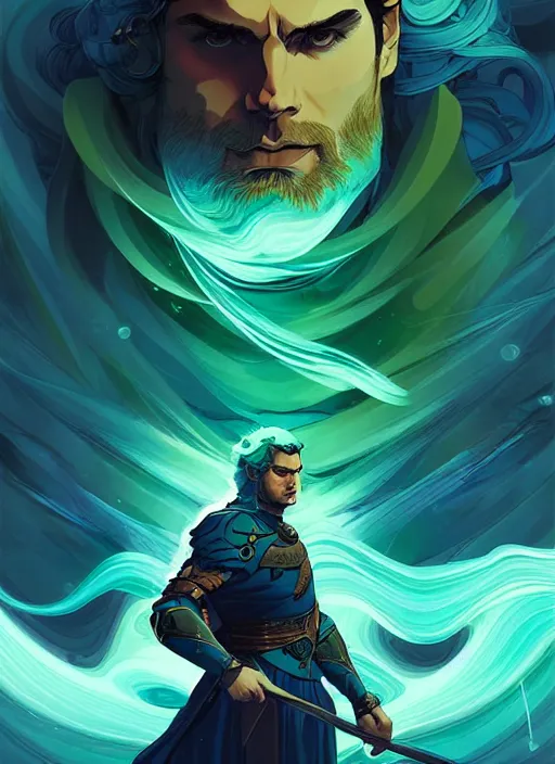 Prompt: style artgerm, joshua middleton, illustration, henry cavill as a warrior monk wearing green pelt light armor, blue hair, swirling water cosmos, fantasy, dnd, cinematic lighting