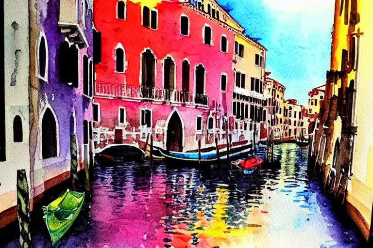 Prompt: !! watercolor!! venice in a sunny day, colorful high contrast,!! very coherent!!, dark shadow, thick lineart