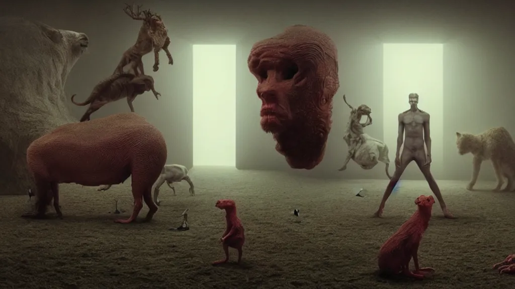 Image similar to hypercube four dimensional man, surrounded by animals, film still from the movie directed by denis villeneuve and david cronenberg with art direction by salvador dali and zdzisław beksinski, wide lens