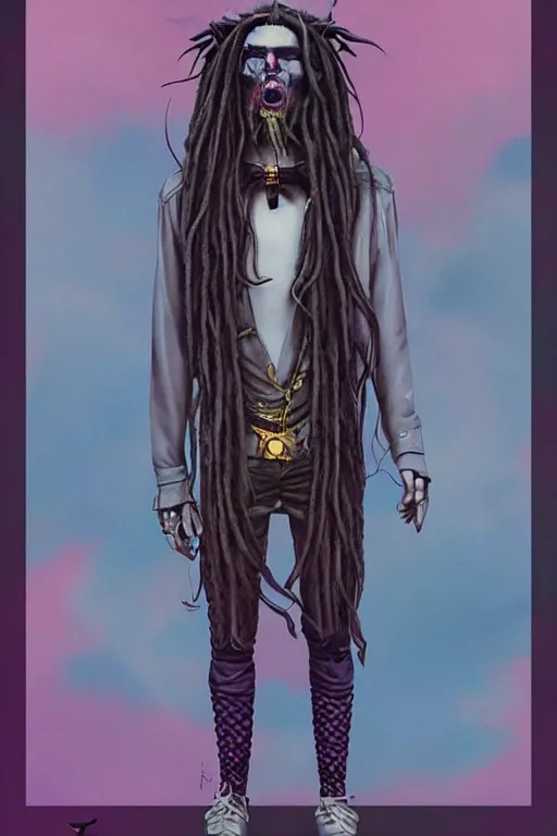 Prompt: vaporwave!!, vaporwave colors!!, an eccentric gothic king with long wild dreads, straight on, by artgerm, jamie hewlett, tom bagshaw, gerald brom, 4 k, smooth, hd, substance designer render, full body character concept art,