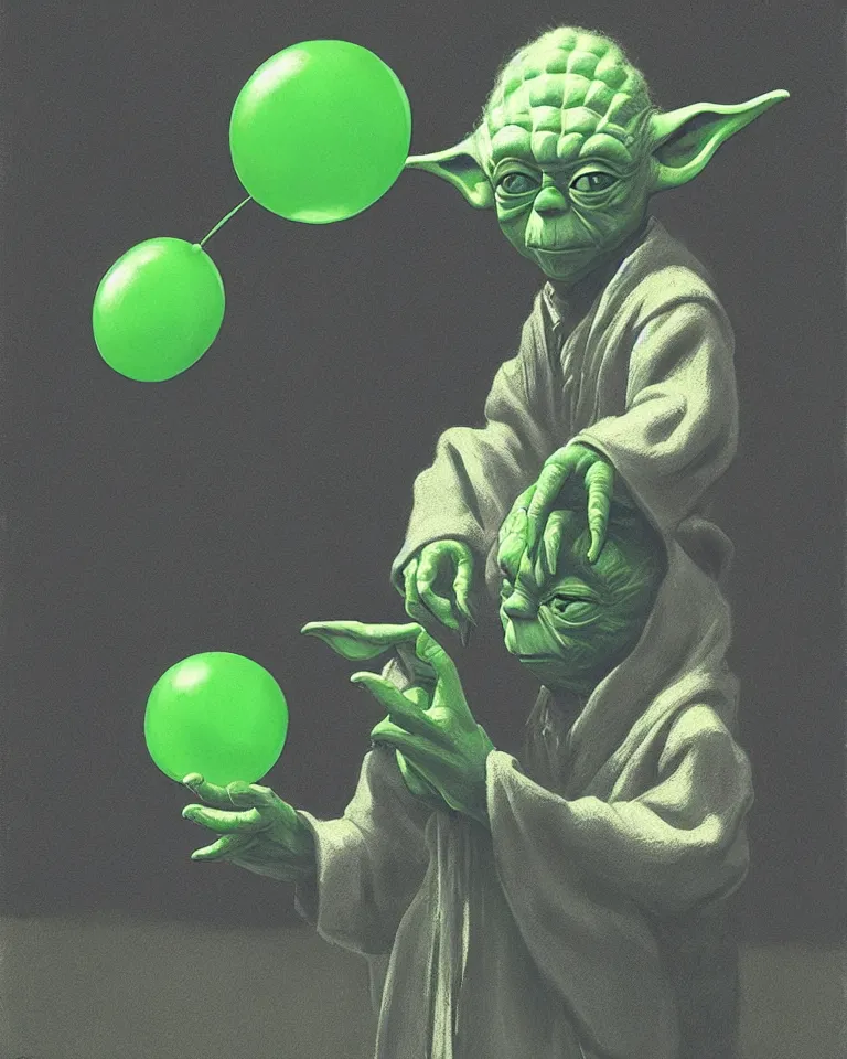 Image similar to yoda holding a green balloon in the tokyo suburbs by edward hopper and james gilleard, zdzislaw beksinski, highly detailed, trending on artstation, sigma 5 0, hyper realistic