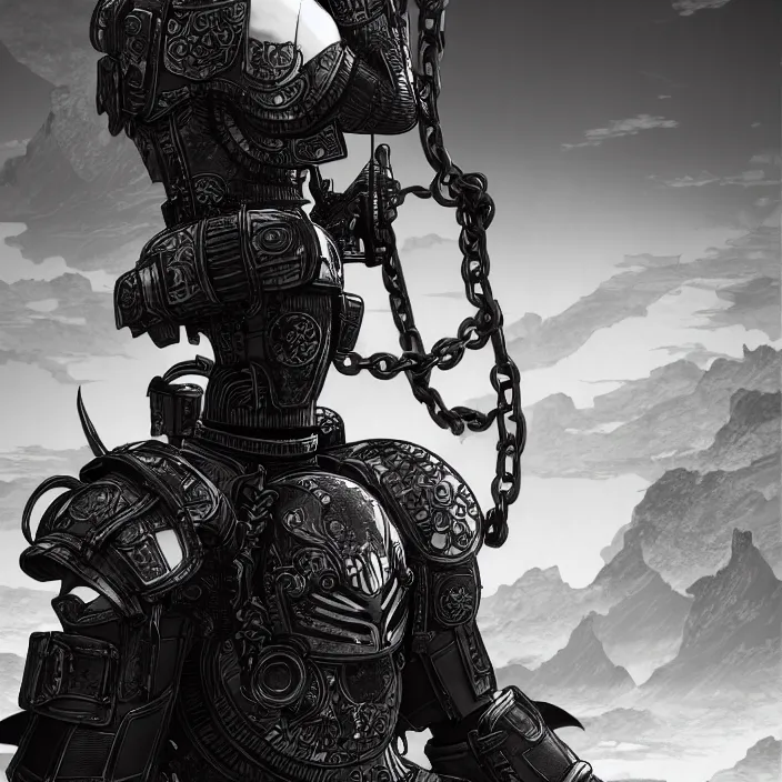 Image similar to a vertical portrait of a manga character in a scenic environment by nihei tsutomu, black and white, dreamy, steampunk armor, highly detailed, 3 d render, vray, octane