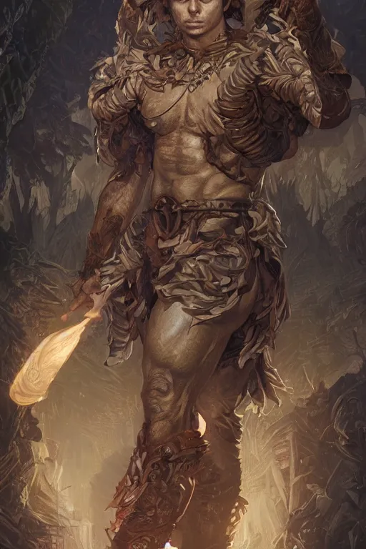 Image similar to portrait of michael cera as a hulking herculean demon, forest, godlike, full body, fantasy, intricate, elegant, highly detailed, digital painting, artstation, concept art, sharp focus, illustration, art by artgerm and greg rutkowski and alphonse mucha