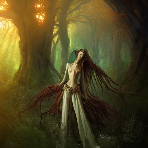 Prompt: cinematic portrait of a dryad priestess, by brian froud, inspired by dungeons and dragons, mysterious, in an evening autumn forest, trending on art station, sunset evening lighting, ominous shadows by jessica rossier