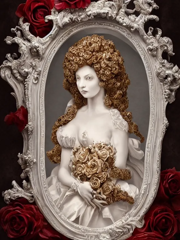 Image similar to a beautiful portrait render of a recatholic rococo roses veiled red queen sculpture,with baroque symmetry intricate detailed ,heart,pray,love,crystal-embellished,by Daveed Benito,LEdmund Leighton,Virginie Ropars,aaron horkey,Billelis,trending on pinterest,hyperreal,gold,silver,ivory,maximalist,glittering,golden ratio,cinematic lighting