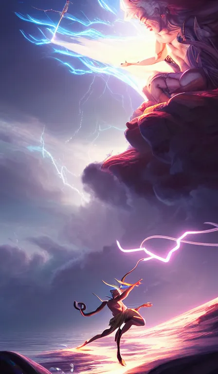 Image similar to the god zeus, lightning, action, epic, close up, sharp focus, digital art, concept art, dynamic lighting, character design by anna dittman and rossdraws, environment by jessica rossier